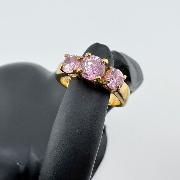 Vintage Pink Rhinestone Sterling Silver Gold Plated Ring Timeless Glamour Retro - Picture 7 of 9
